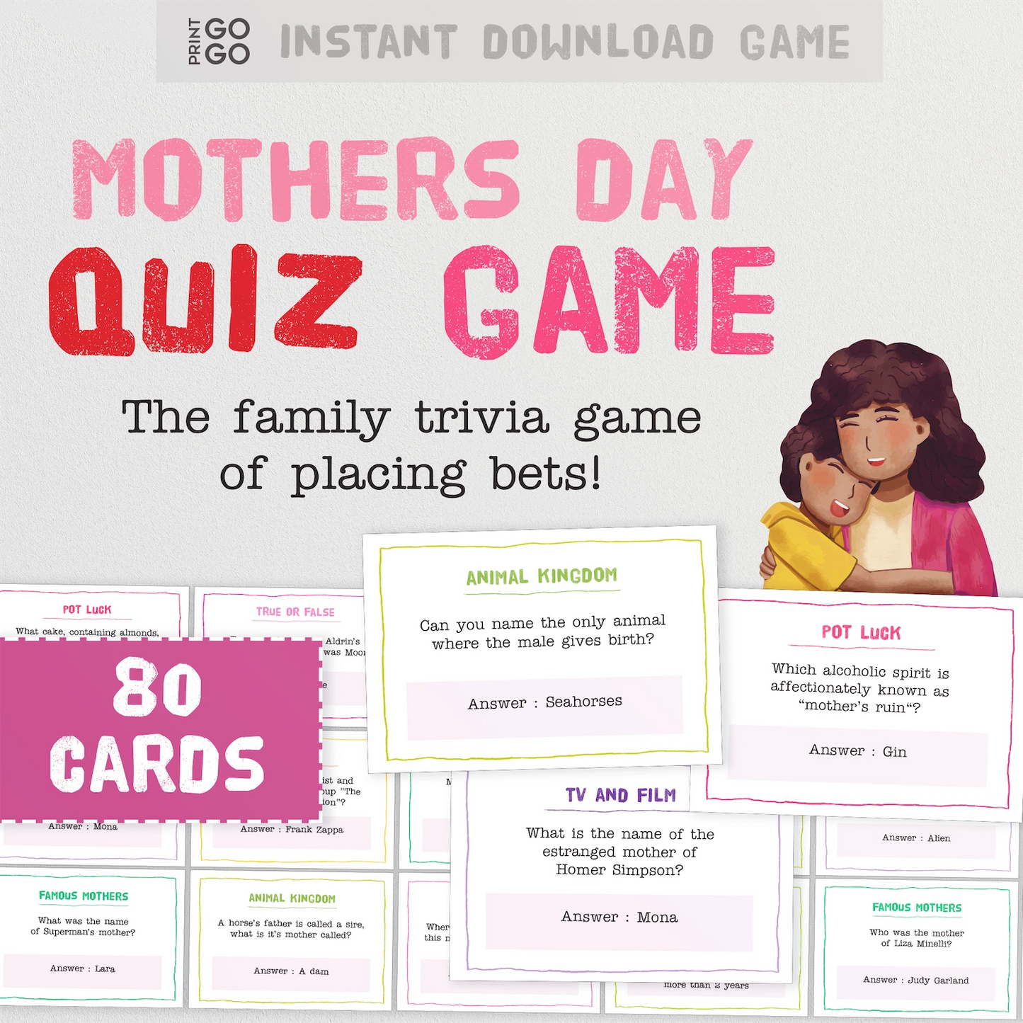 Mother's Day Quiz Game packaging with text and illustrations on a white background