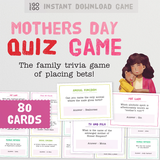 Mother's Day Quiz Game packaging with text and illustrations on a white background