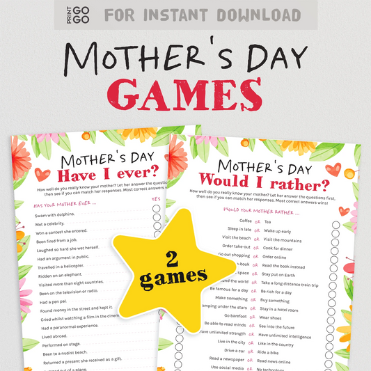 Instant download Mother's Day quiz games with colourful design and text on a white background.