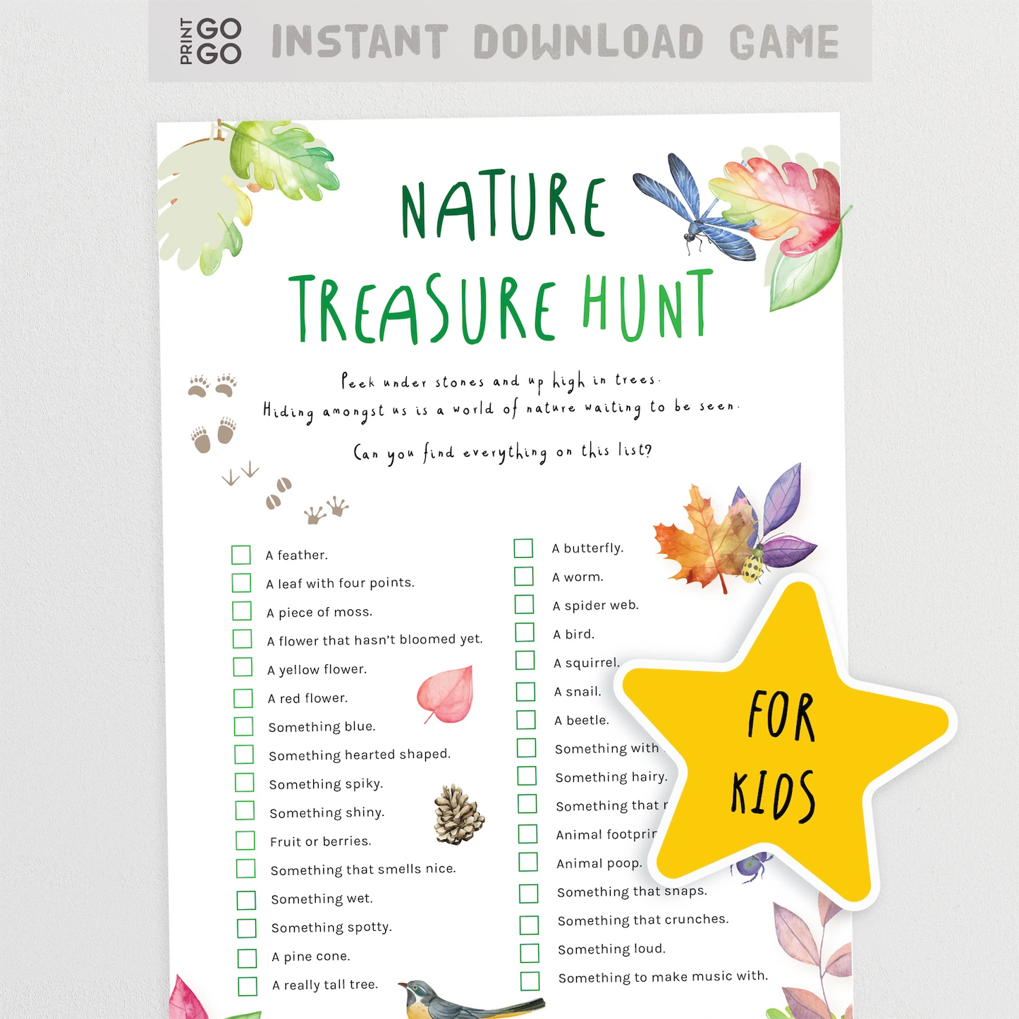 Nature treasure hunt game sheet with colorful illustrations on a white background