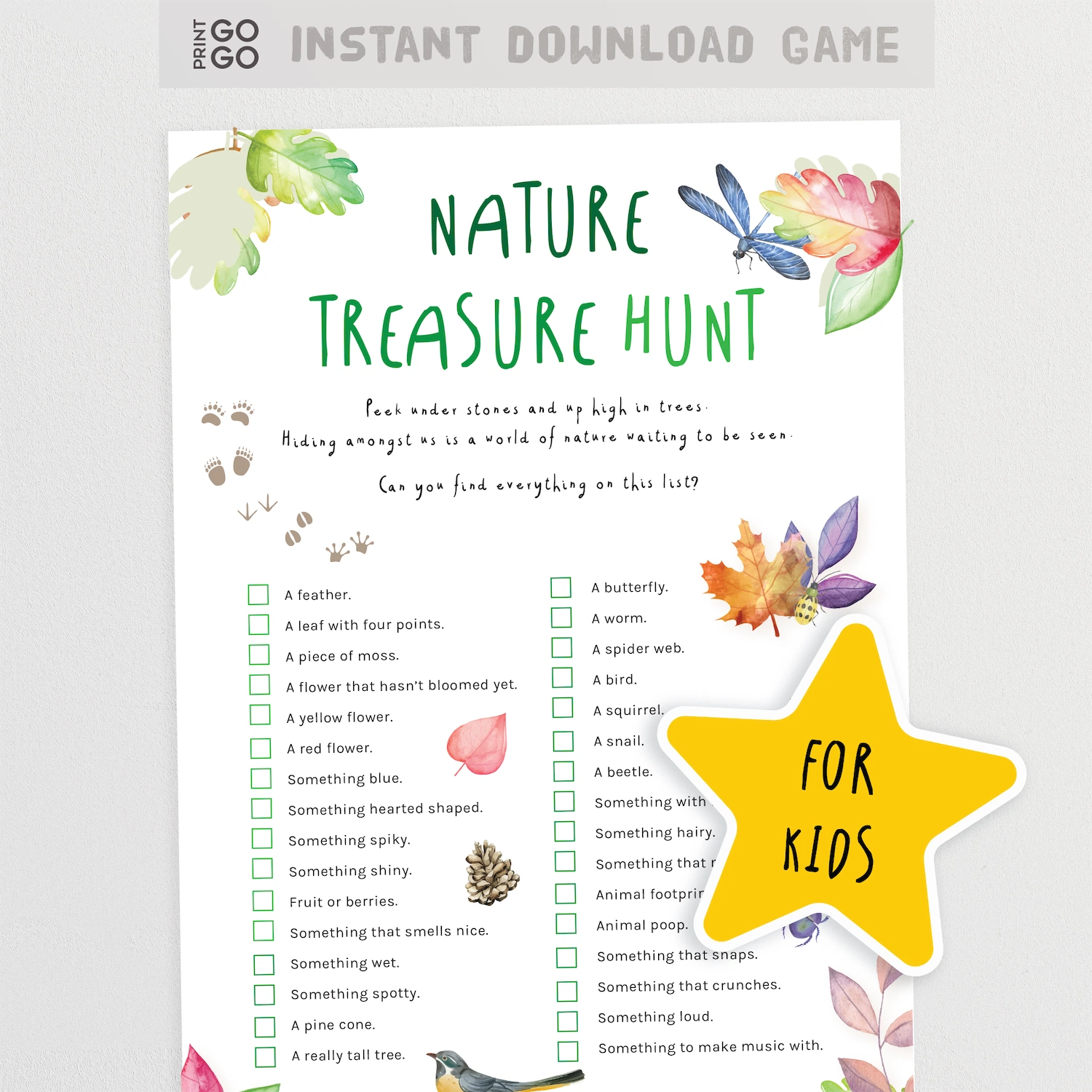 Nature treasure hunt game sheet with colorful illustrations on a white background