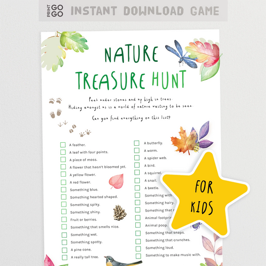 Nature treasure hunt game sheet with colorful illustrations on a white background