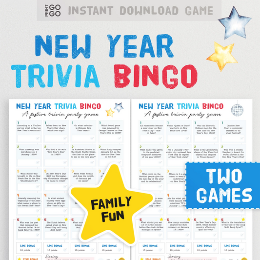 A festive trivia quiz for New Year. Two games for instant download.