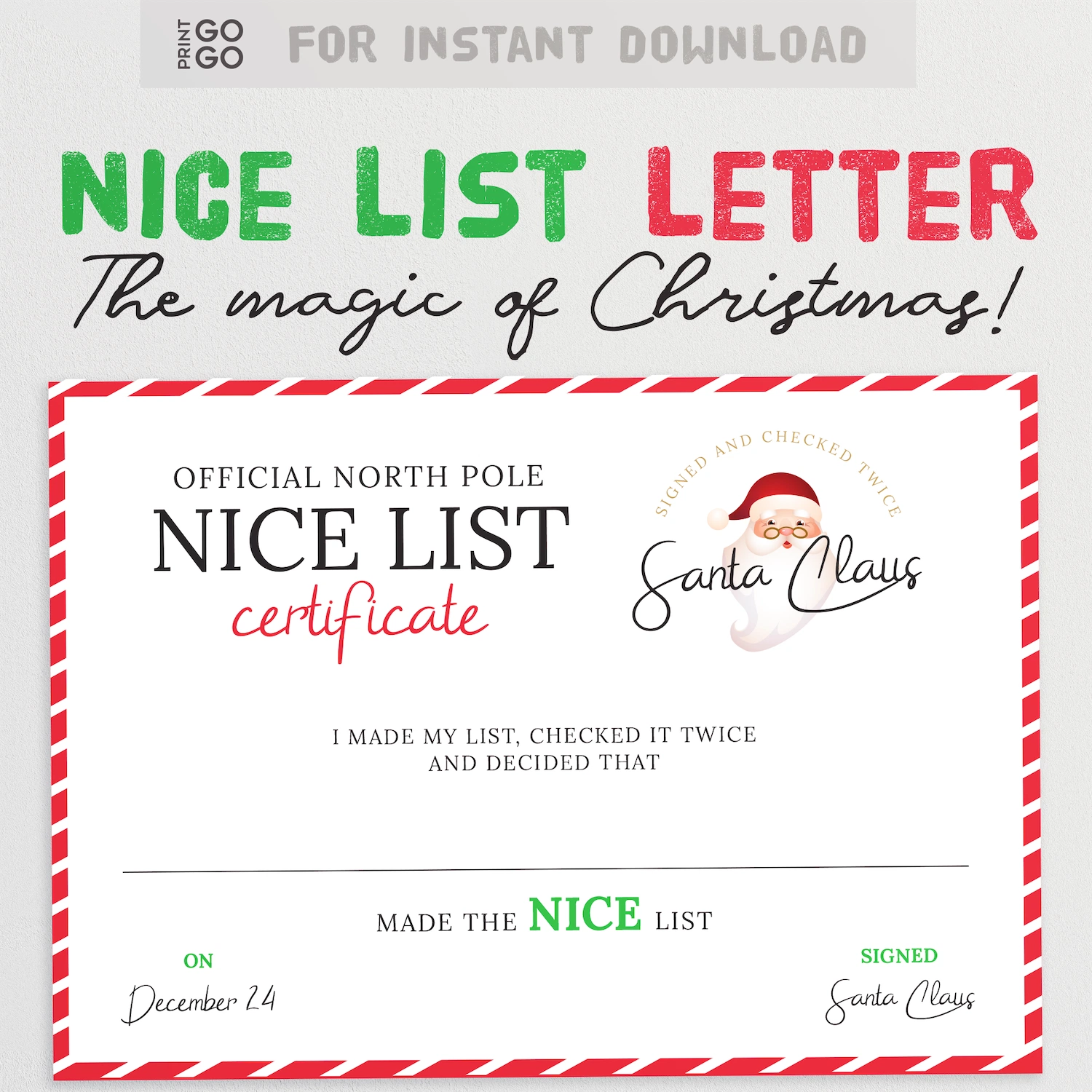 Instant download Nice List certificate from Father Christmas.