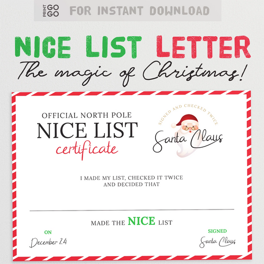 Instant download Nice List certificate from Father Christmas.