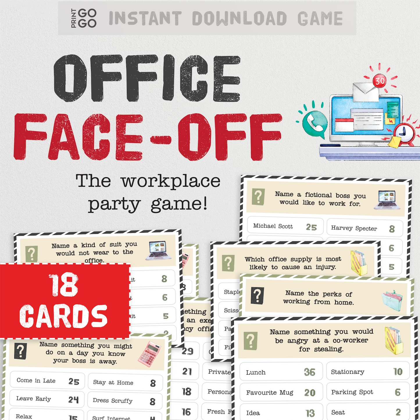 Office Face-Off printable group game with cards and text on a white 