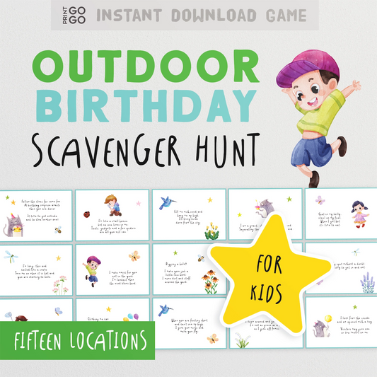 Outdoor birthday scavenger hunt game for kids with a child illustration and text on a white background.