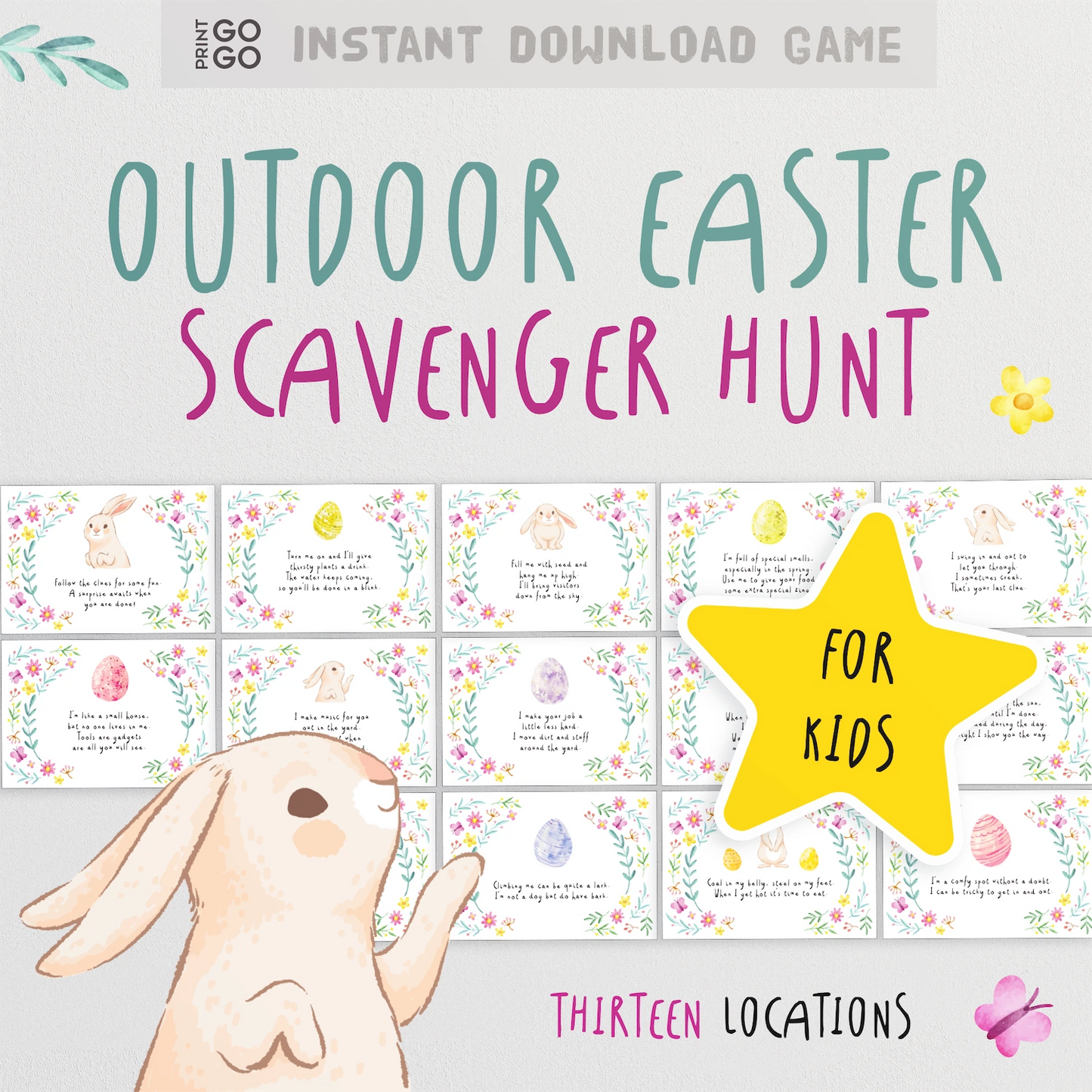 Instant download outdoor Easter scavenger hunt clue cards for families.