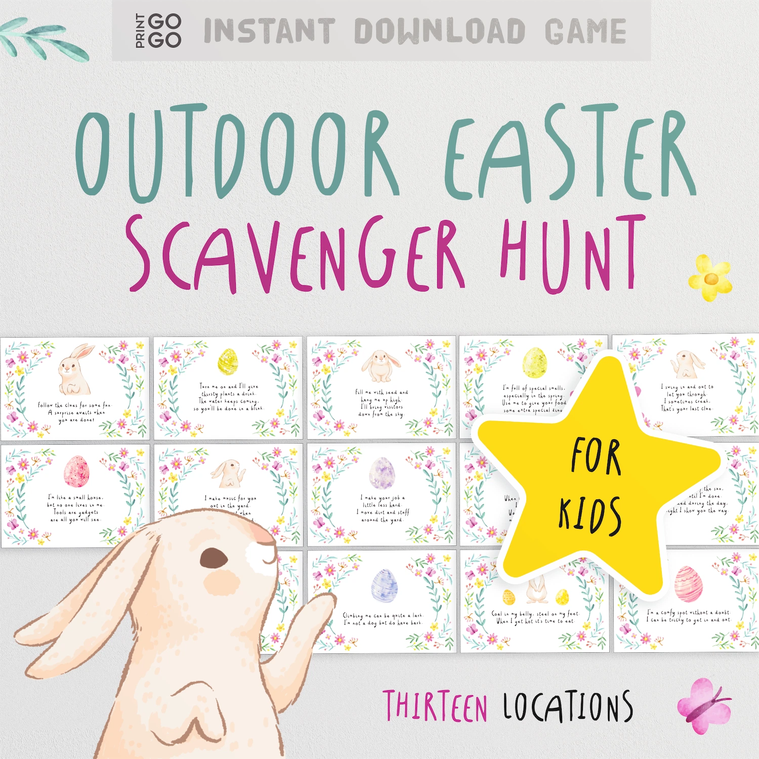 Instant download outdoor Easter scavenger hunt clue cards for families.