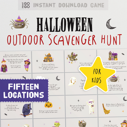 Instant download Halloween outdoor scavenger hunt game for kids with illustrations and text on a white background.