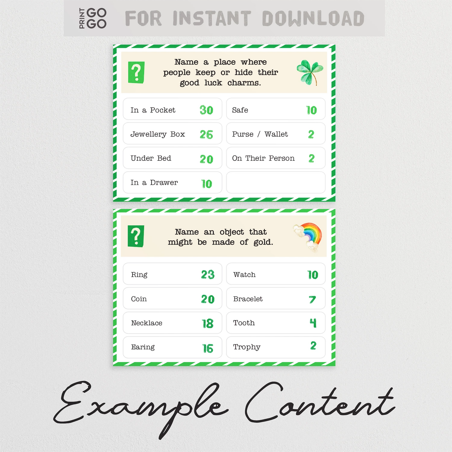 Sample cards for Saint Patricks family feud game.