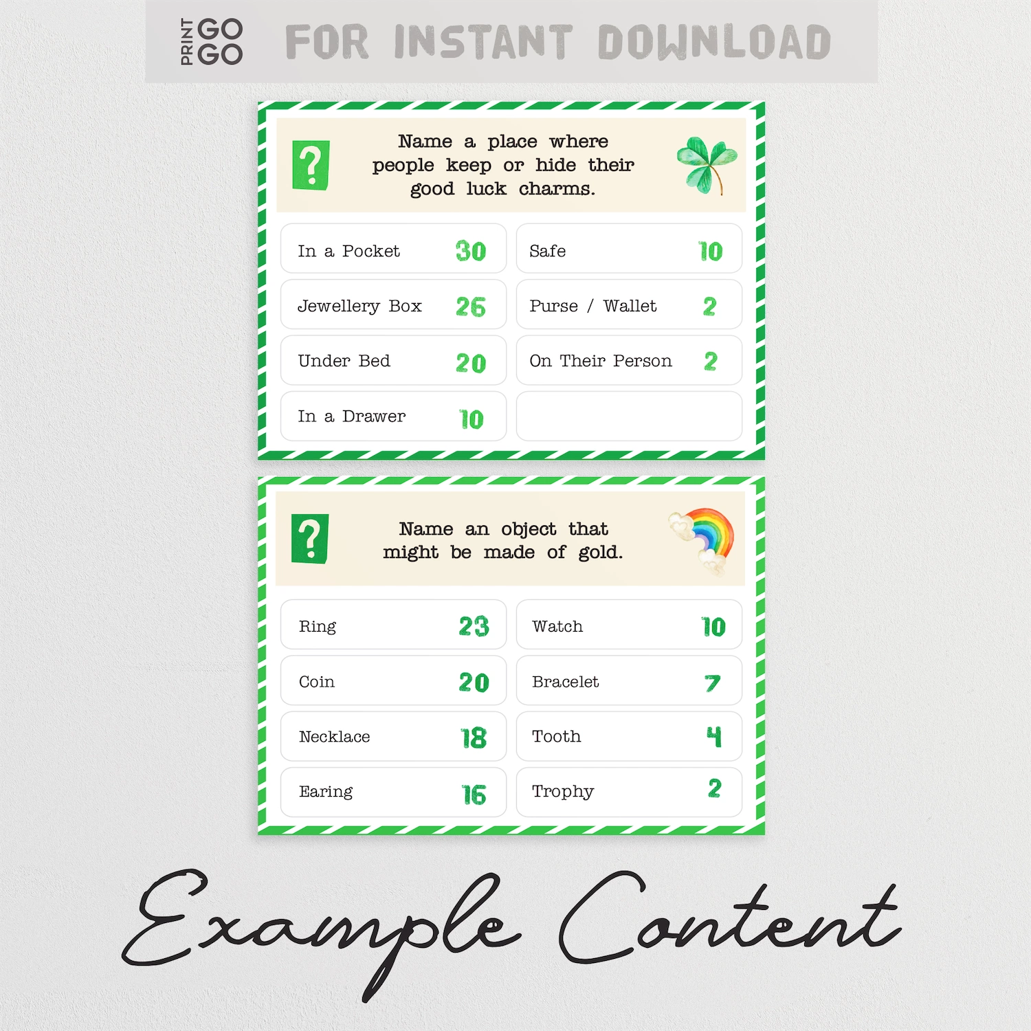 Sample cards for Saint Patricks family feud game.