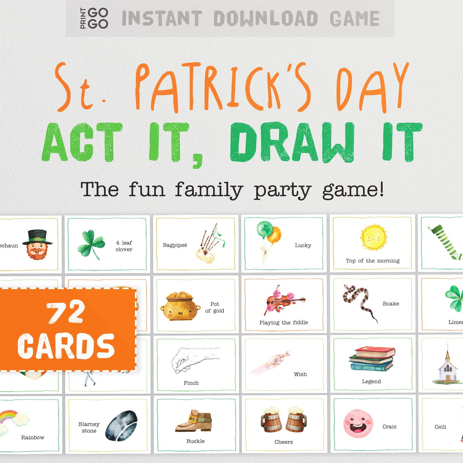 St. Patricks Day Act It, Draw It - The Family Party Game of Acting Out, Drawing and Guessing Phrases.