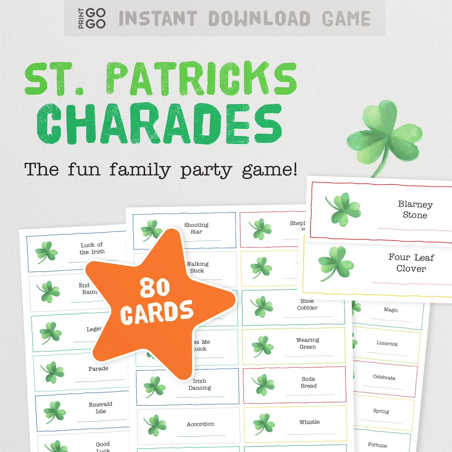 Instant download St. Patrick's Charades game with 80 cards and shamrock graphics on a light gray background.
