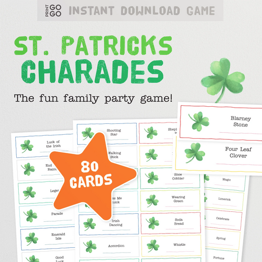 Instant download St. Patrick's Charades game with 80 cards and shamrock graphics on a light gray background.