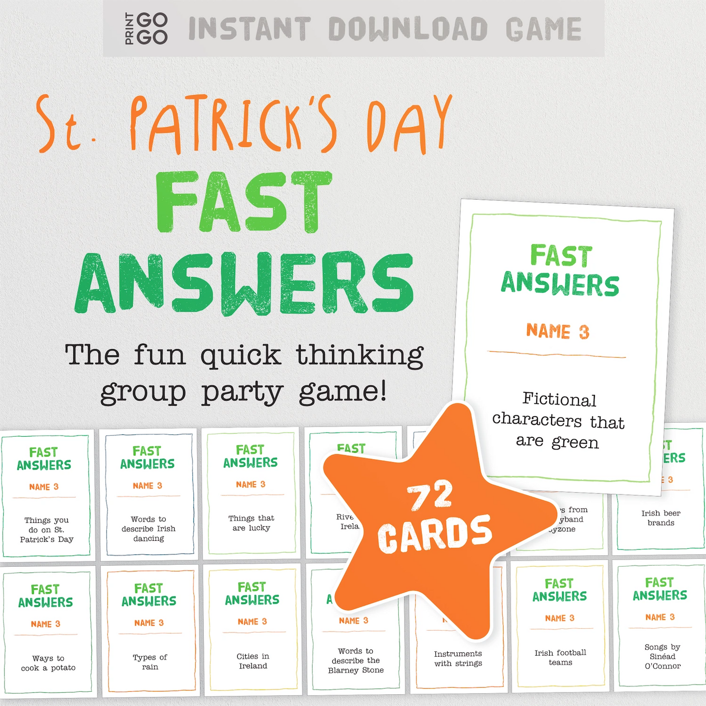 Instant download St. Patrick’s Day Fast Answers. A Quick 3‑Answer Party Game.