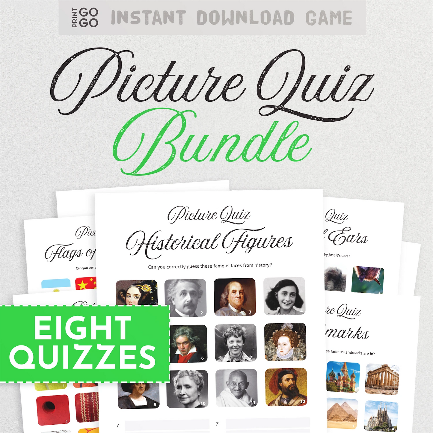 Instant download printable Picture Quiz Bundle with images of flags, historical figures, and quiz cards.