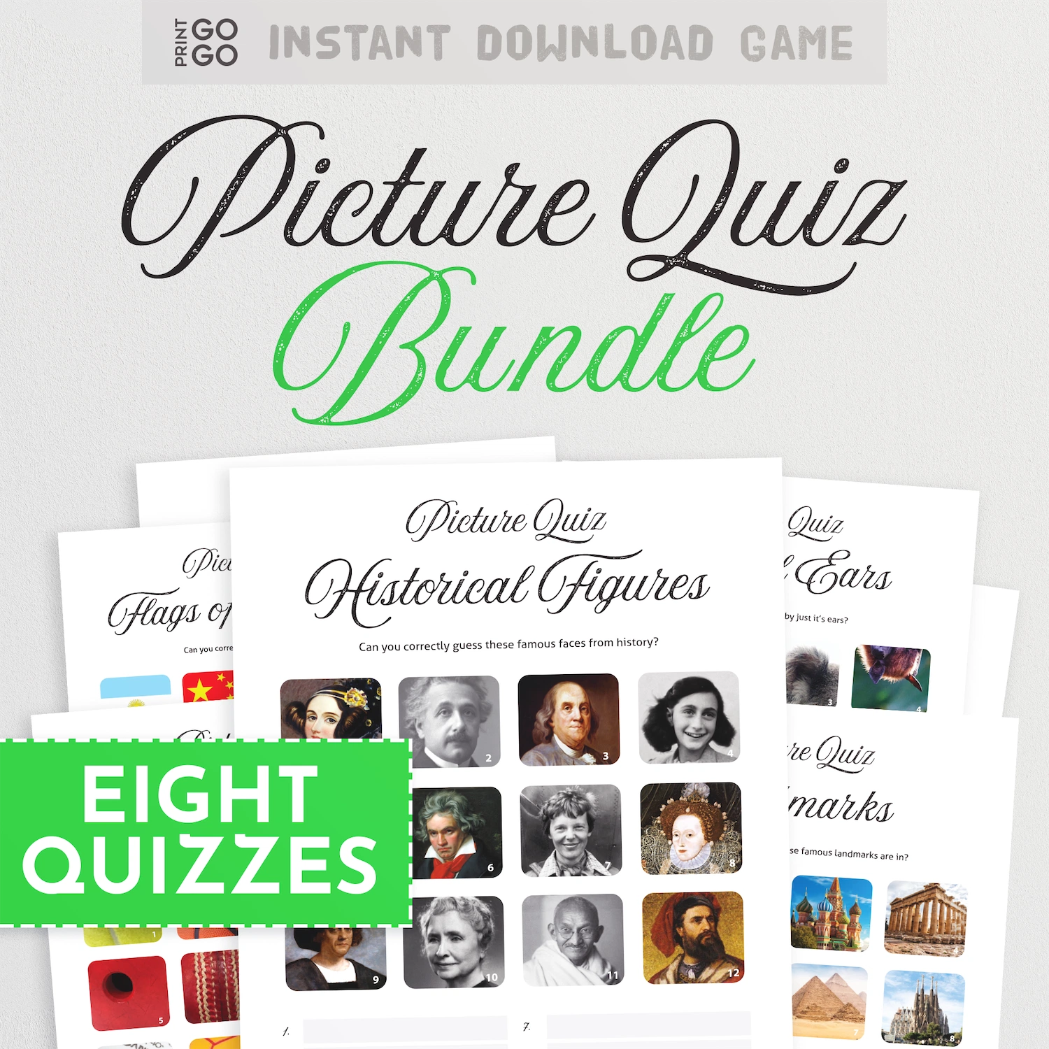 Instant download printable Picture Quiz Bundle with images of flags, historical figures, and quiz cards.