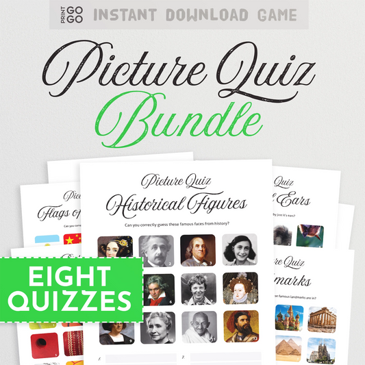 Instant download printable Picture Quiz Bundle with images of flags, historical figures, and quiz cards.