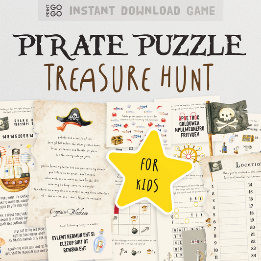 Pirate-themed treasure hunt game for kids with various pages and a yellow star label.