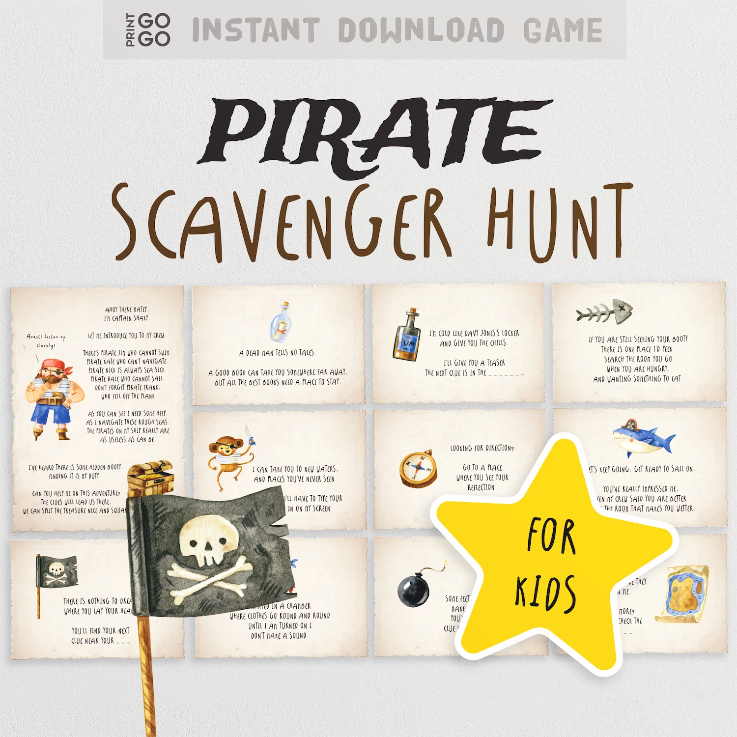 Pirate scavenger hunt game for kids with text and illustrations on a light gray background