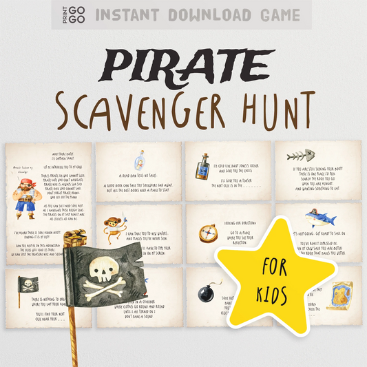 Pirate scavenger hunt game for kids with text and illustrations on a light gray background