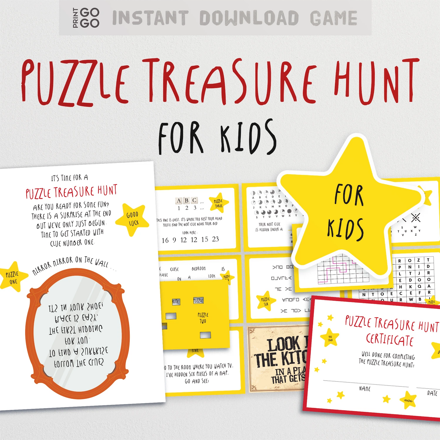Puzzle Treasure Hunt game for kids with cards and a star-shaped certificate on a white background.