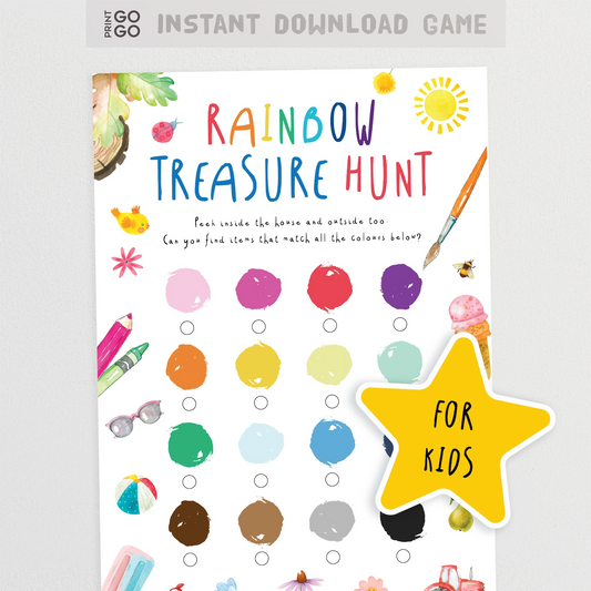 Colourful 'Rainbow Treasure Hunt' game sheet for kids.