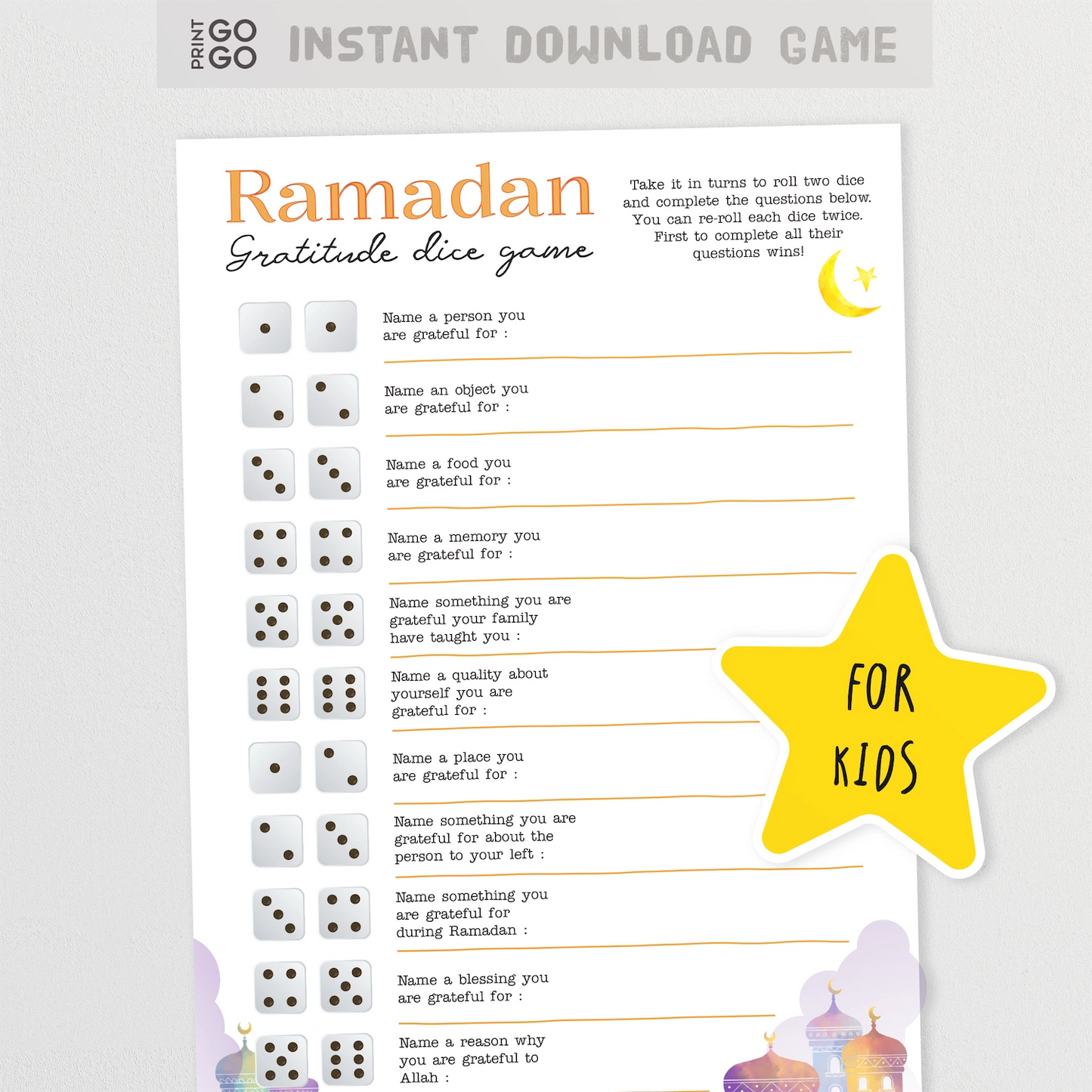 Ramadan gratitude dice game for kids with dice and paper on a light gray background