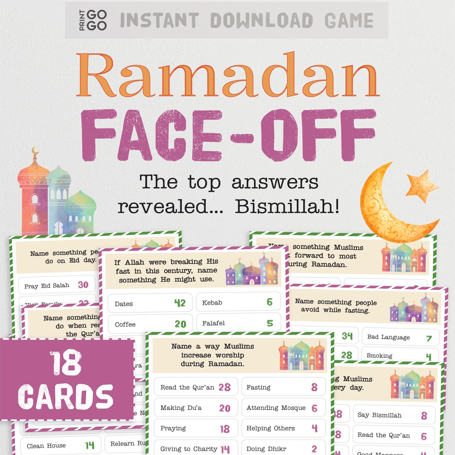 Example cards for 'Ramadan Face-Off' game with cards and text on a light gray background