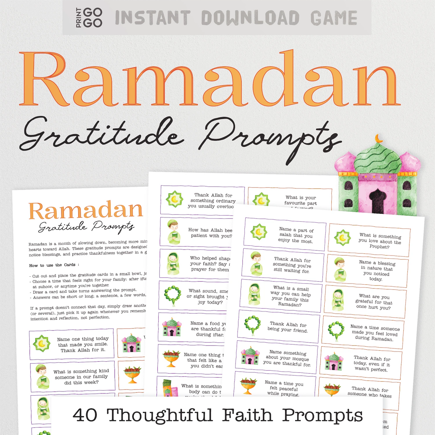 Sheet of Ramadan Gratitude Prompts with coloruful design and text on a white background, for instant download.