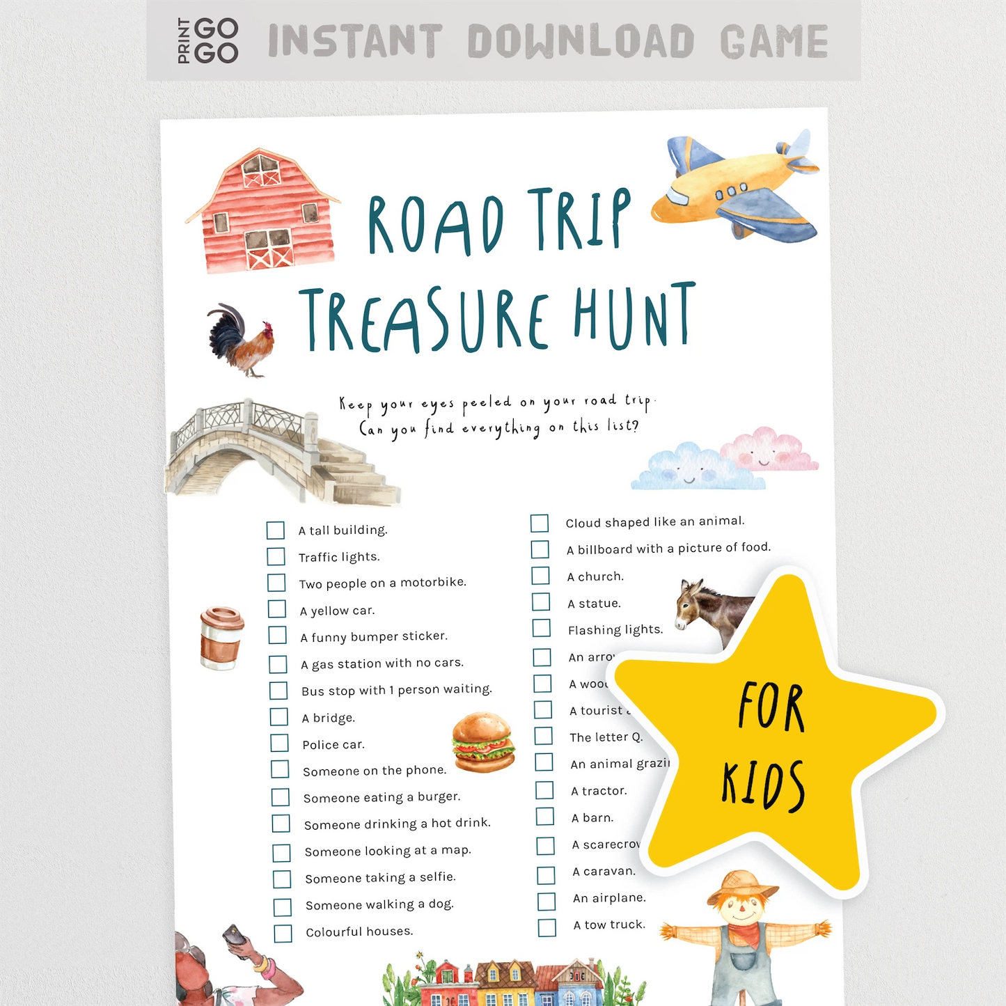 Road trip treasure hunt game for kids with illustrations and text on a white background