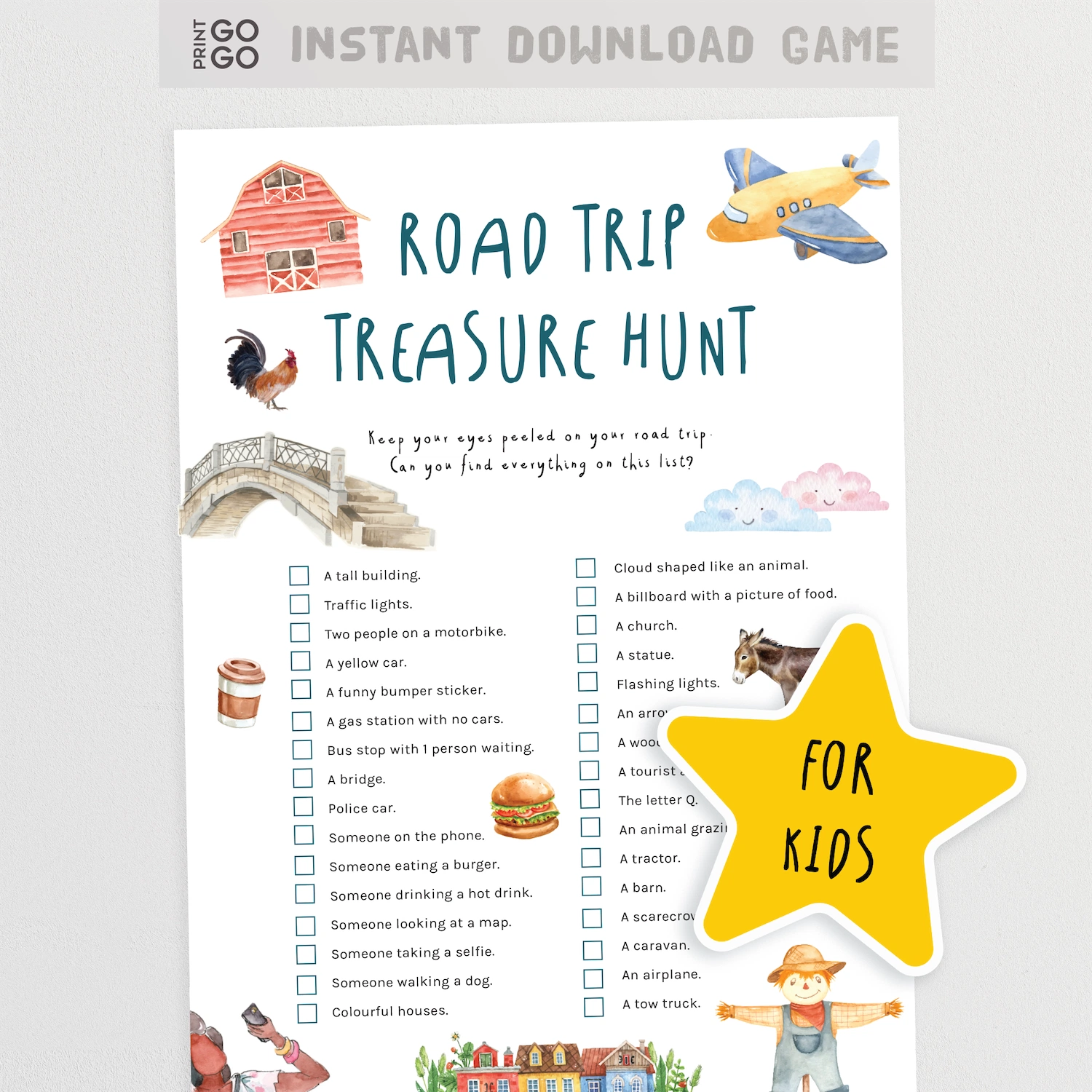 Road trip treasure hunt game for kids with illustrations and text on a white background