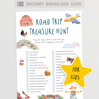 Road trip treasure hunt game for kids with illustrations and text on a white background