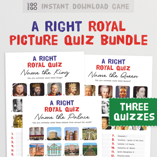 Promotional graphic for 'A Right Royal Picture Quiz Bundle' with images of kings, queens, and palaces.