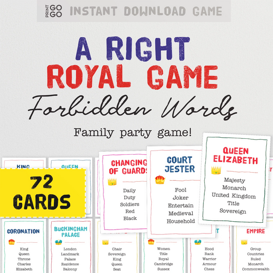 Instant download game 'A Right Royal Game: Forbidden Words' family party game with card examples on a white background.
