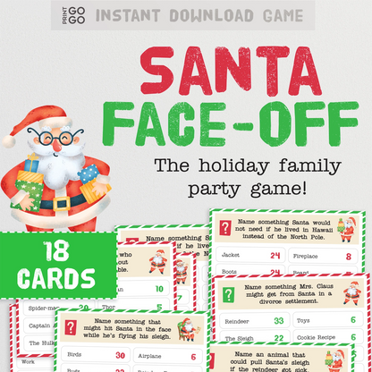 Instant download 'Santa Face-Off' game with Santa Claus illustration and game cards.
