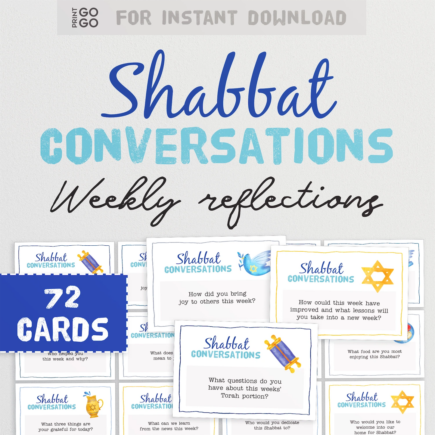 Shabbat Conversations weekly reflections cards with a blue and white color scheme.