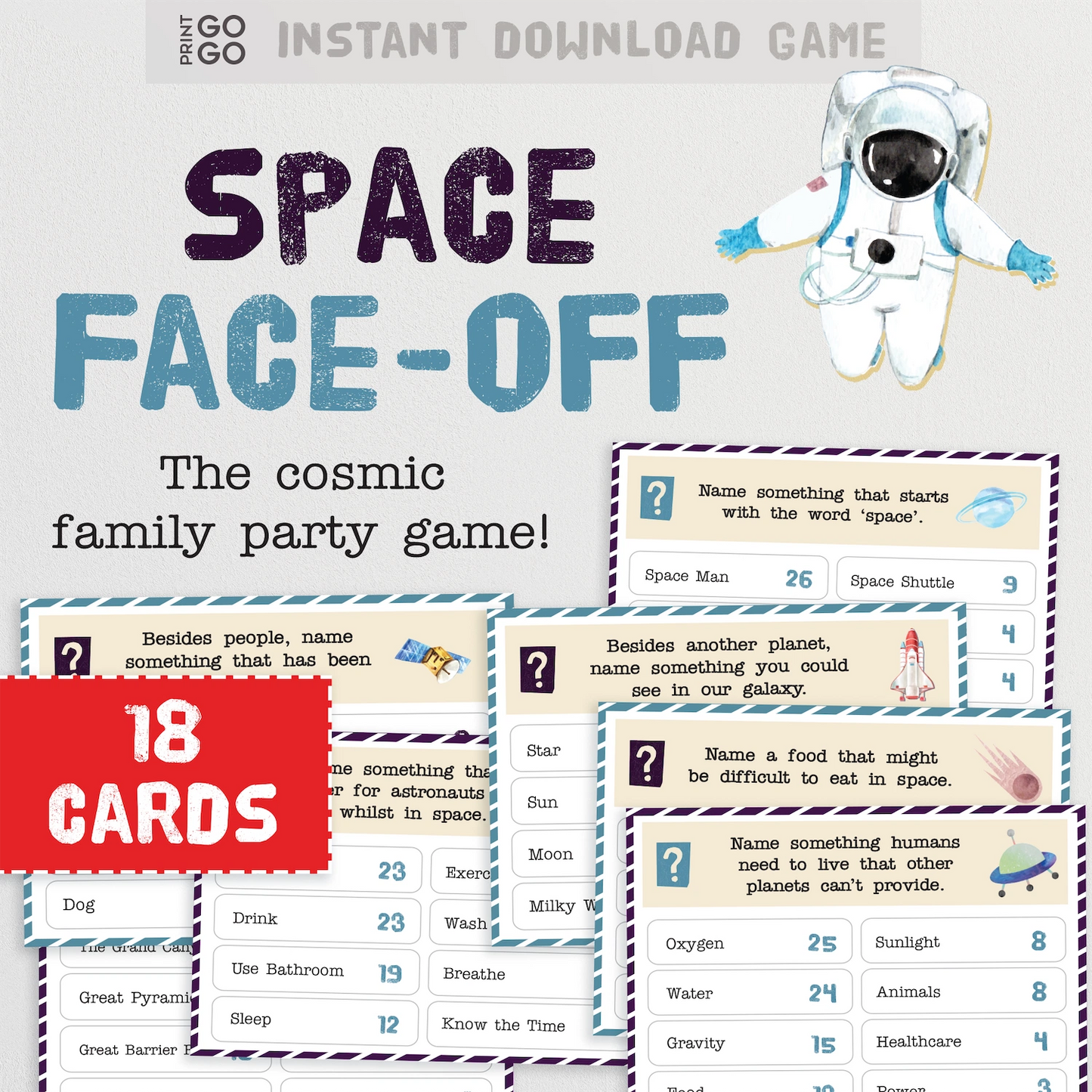 Space-themed family party game with astronaut illustration and game cards on a light gray background