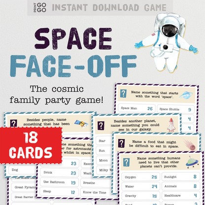 Space-themed family party game with astronaut illustration and game cards on a light gray background