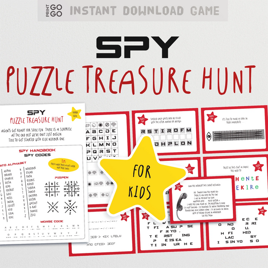 Spy Puzzle Treasure Hunt game for kids with printable sheets and a yellow star highlight.