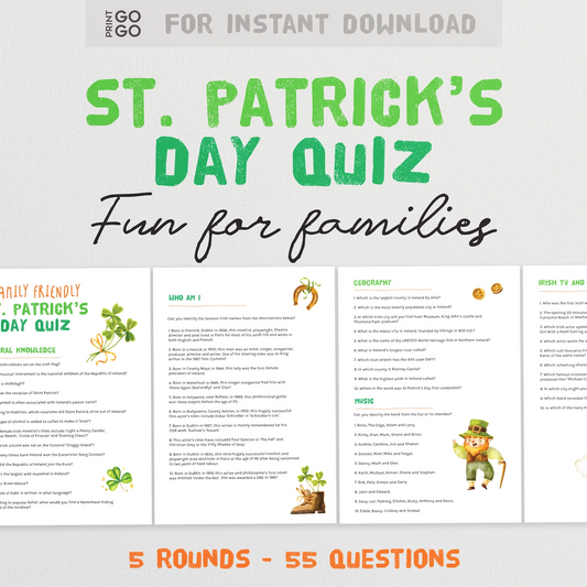 Instant download St Patricks Day quiz all about Ireland. 5 rounds covering 55 questions.