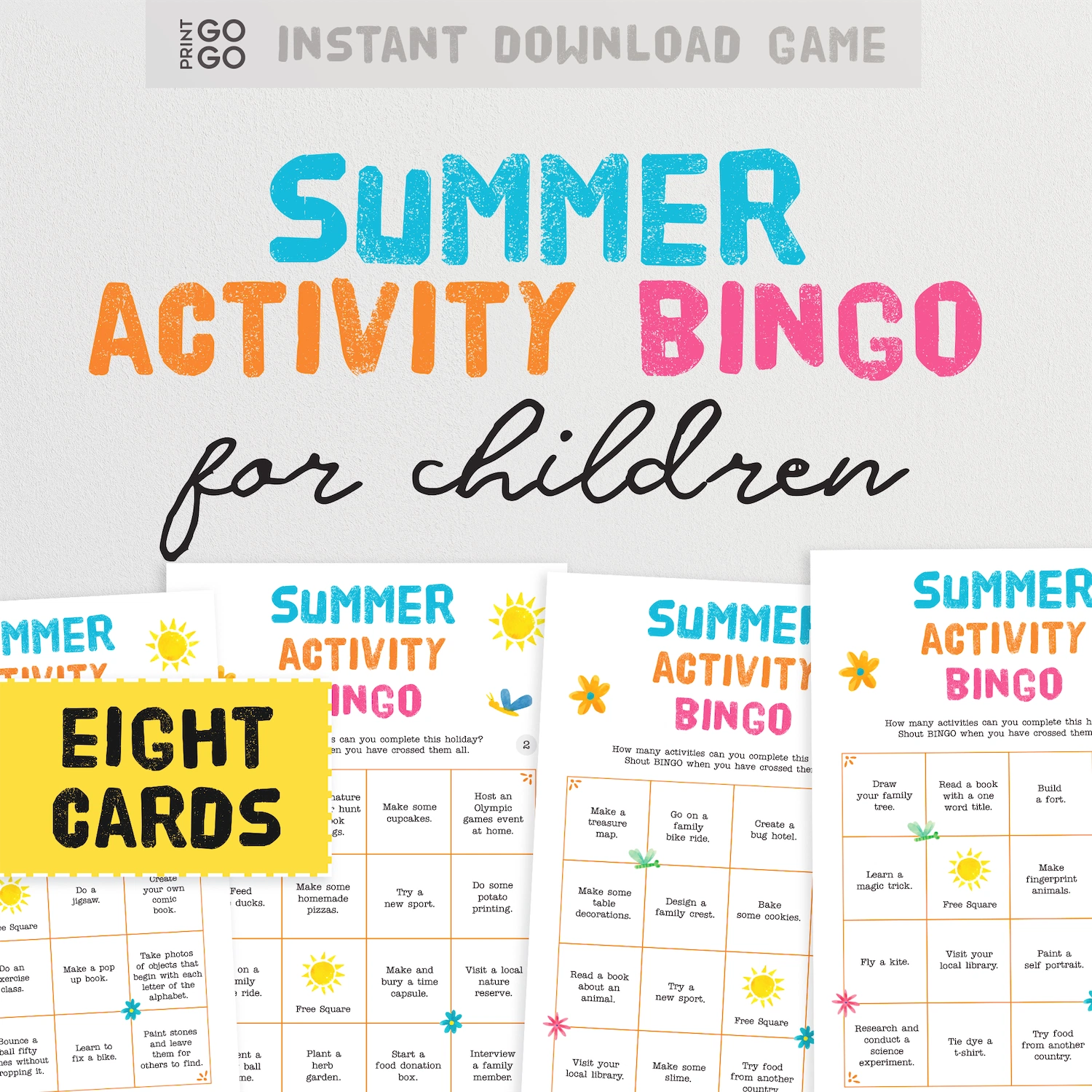 Summer Activity Bingo for children with colorful text and sample cards on a white background.