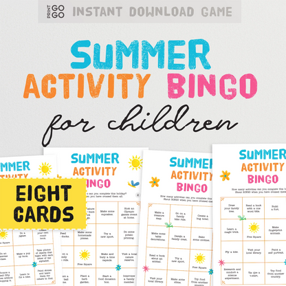 Summer Activity Bingo for children with colorful text and sample cards on a white background.