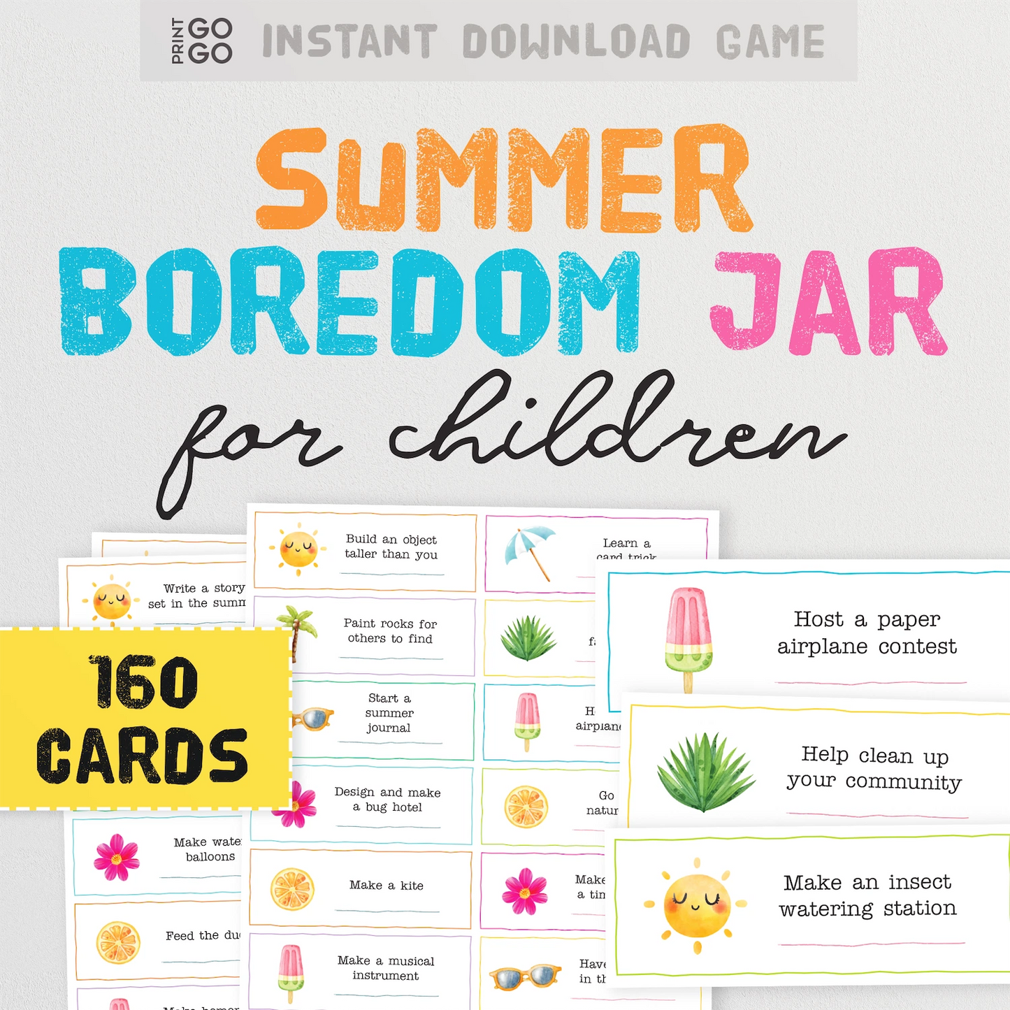 Summer boredom jar for children with 160 cards on a white background