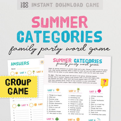Summer Categories family party word game with text and lists on a white background