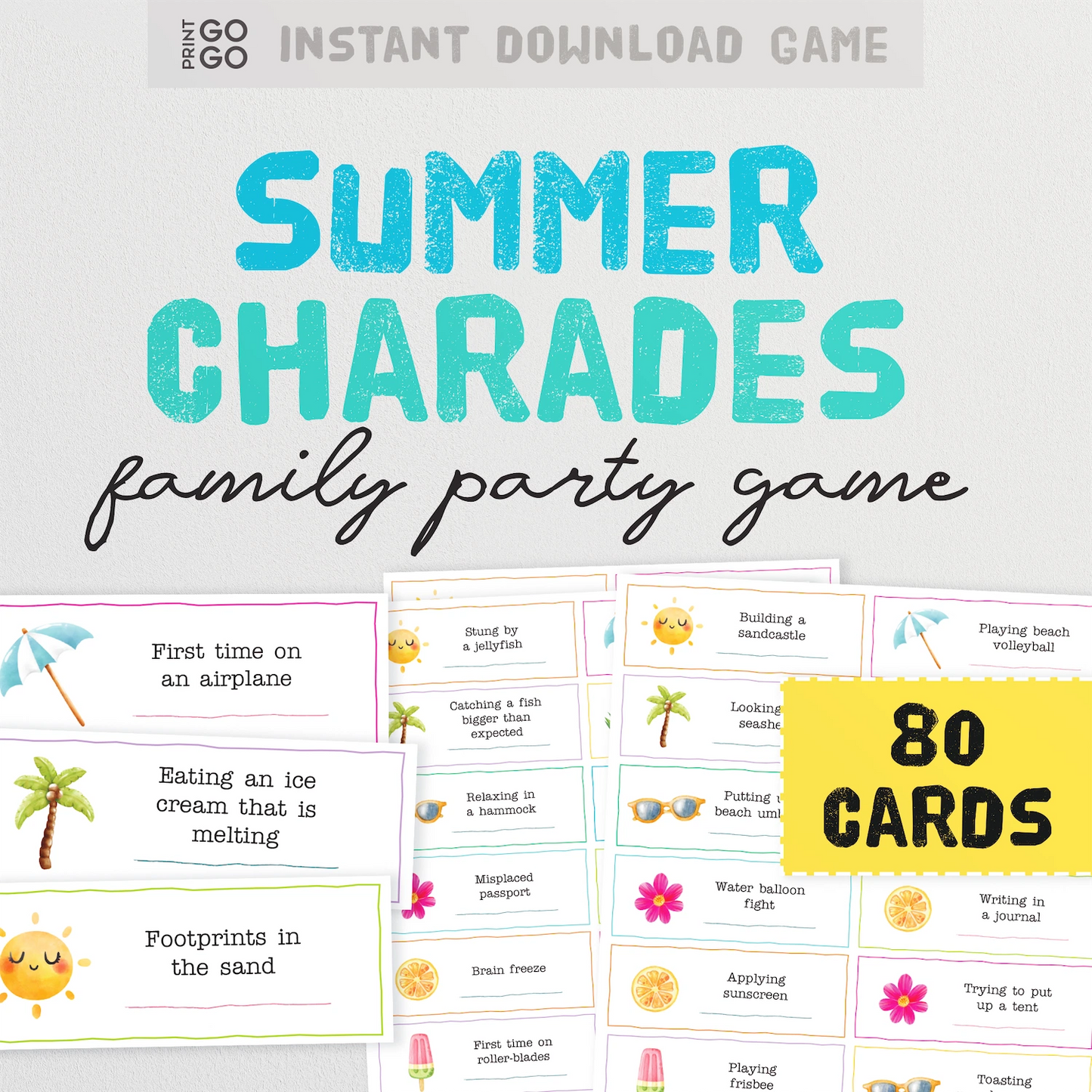 Summer Charades family party game with 80 cards on a light gray background