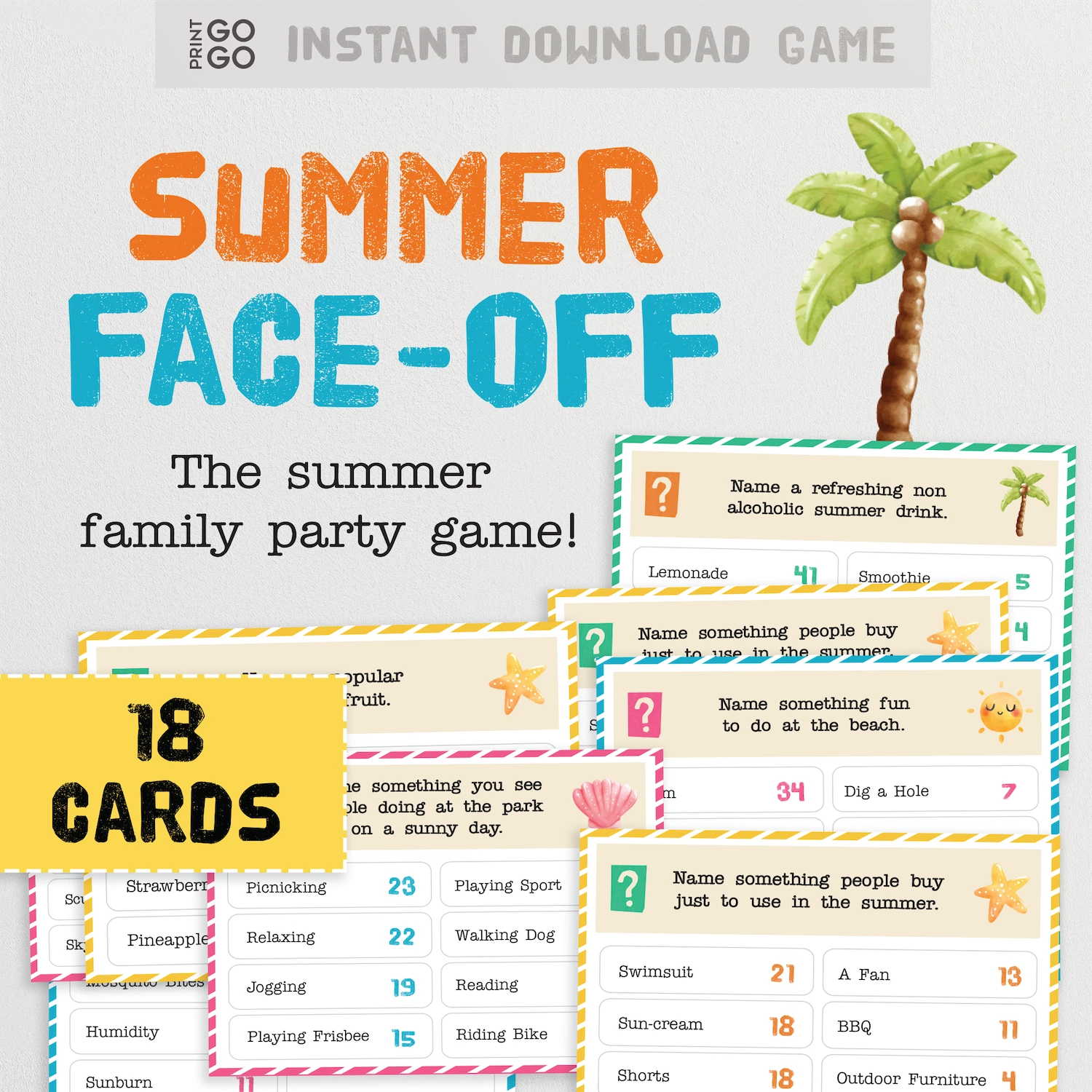 Summer-themed face-off game with cards and palm tree illustration on a white background