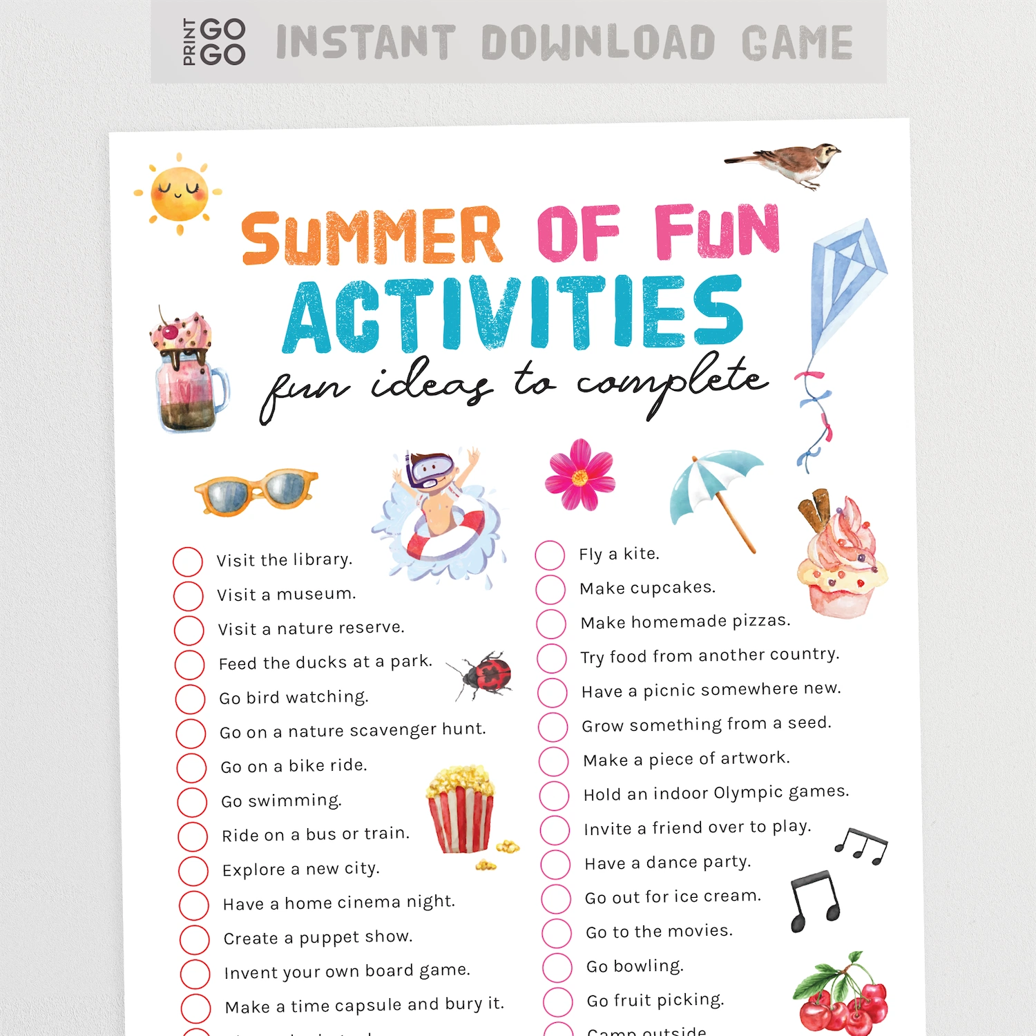 Summer activities checklist with illustrations on a white background