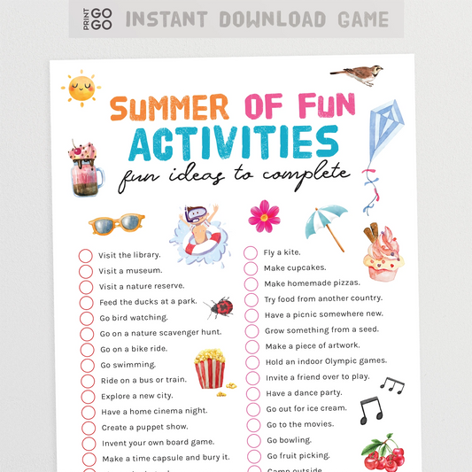 Summer activities checklist with illustrations on a white background